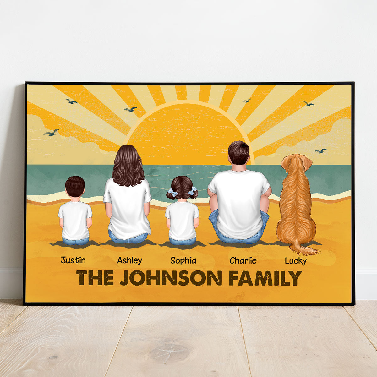 Family Sitting Summer Retro Beach Personalized Poster, Meaningful Father's Day Gift for Dad, Gift for Husband