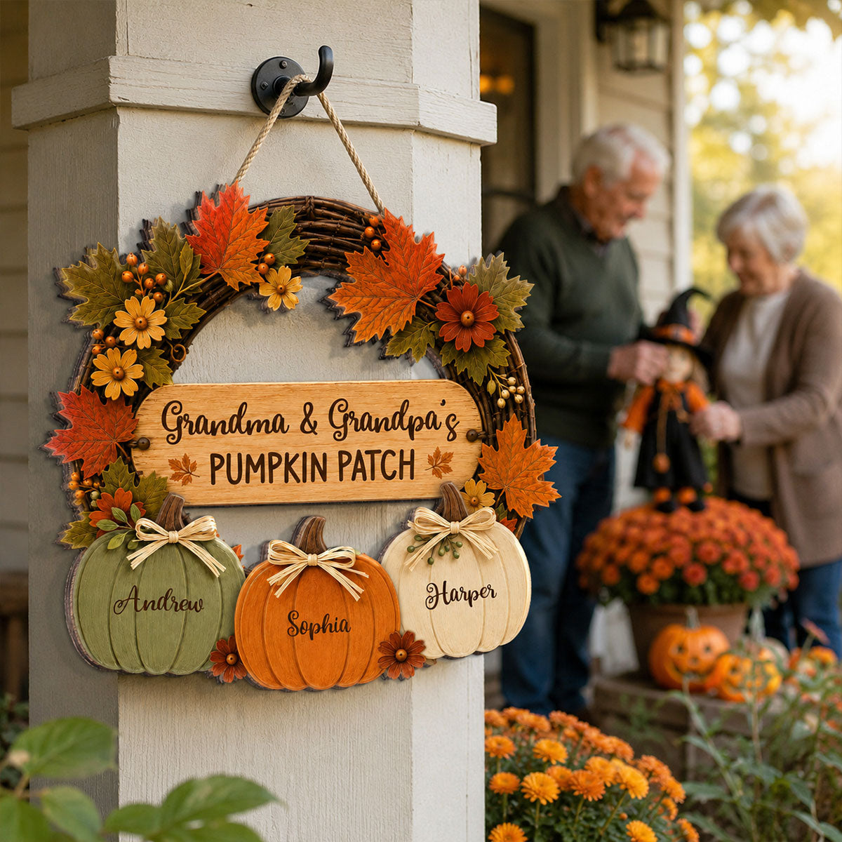 Grandma Grandpa's Pumpkin Patch 2D Flat Printed Wreath - Personalized Door Hanger - Fall Season Decor For Grandparents
