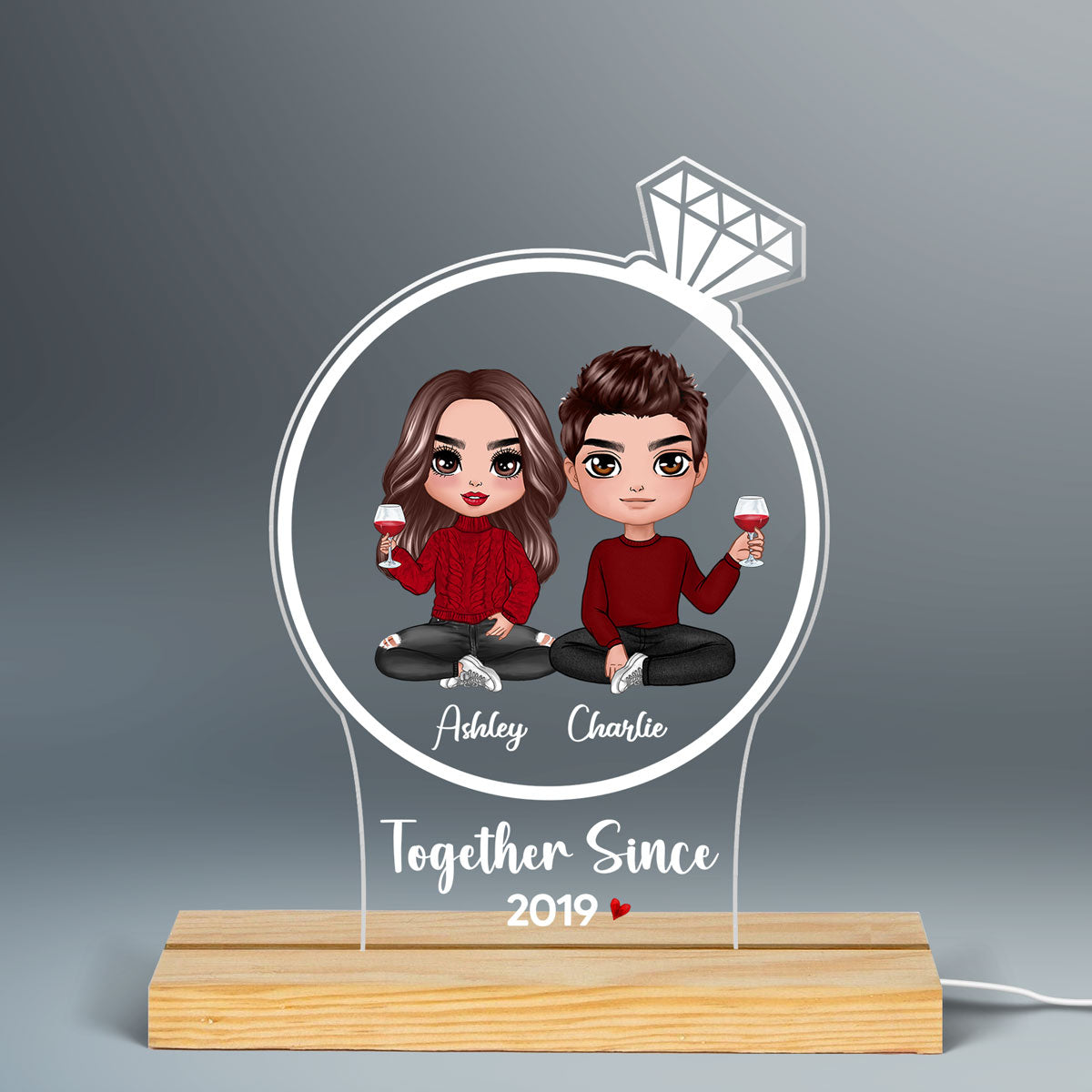 Doll Couple Together Since Ring Shaped Personalized Custom Shape Acrylic Plaque With LED Night Light