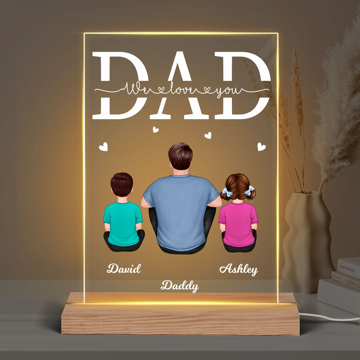 Back View Dad And Kids Dogs Cats Sitting Father‘s Day Gift Personalized Personalized Rectangle LED Night Light