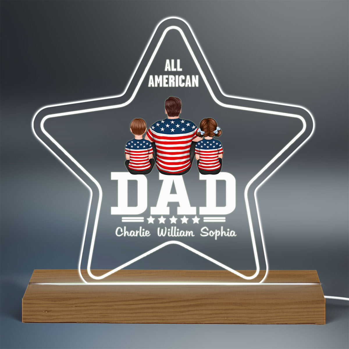Five - Star Dad All American Dad Back View Man & Kids Dog Cat Personalized Custom Shape Acrylic Plaque With Warm LED Night Light