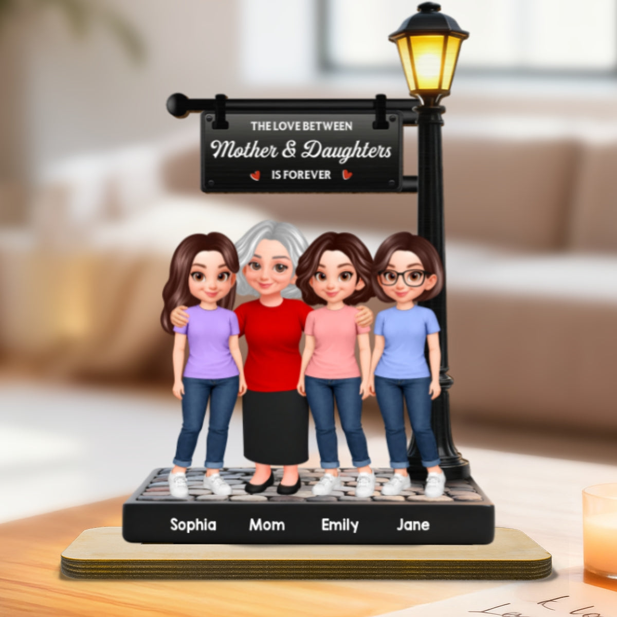 Mother And Daughter Son Happy Together Under Lamp Post - Personalized 2-Layered Wooden Plaque - Mother's Day Gift For Mom