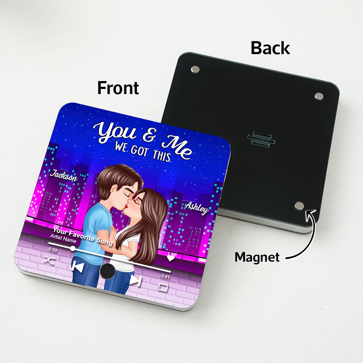 Couple Kissing Neon City Night Skyline Personalized Music Magnet, Anniversary gift for him, for her