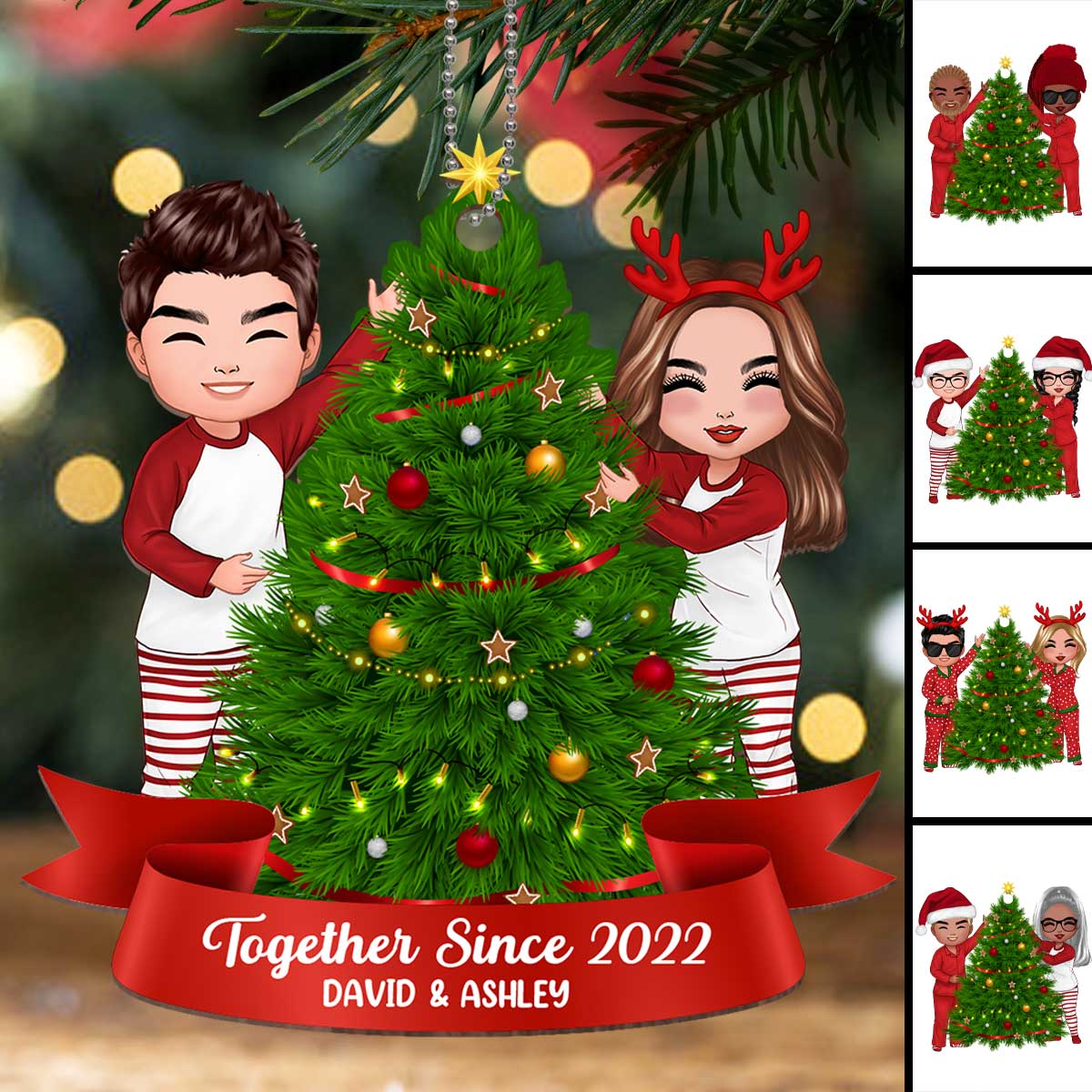 Doll Couple Decorating Christmas Tree Personalized Wooden Ornament