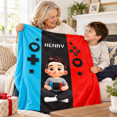 Gamer Player Custom Kid Name - Personalized Fleece Blanket - Christmas Gift For Gamer, Grandson, Son, Granddaughter, Daughter, For Boys, Girls