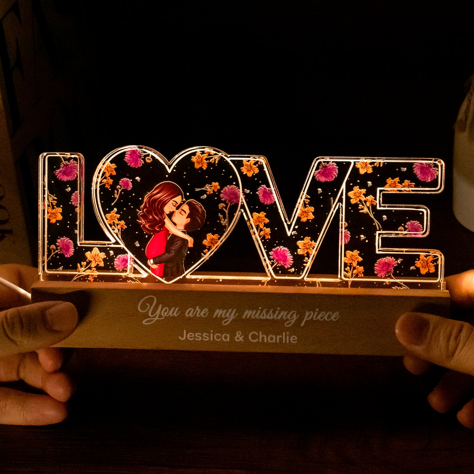 Couple Romantic Love Custom Flower Printed LED Night Light, Birth Month Flower, Thoughtful  Gift for her, Gift for him