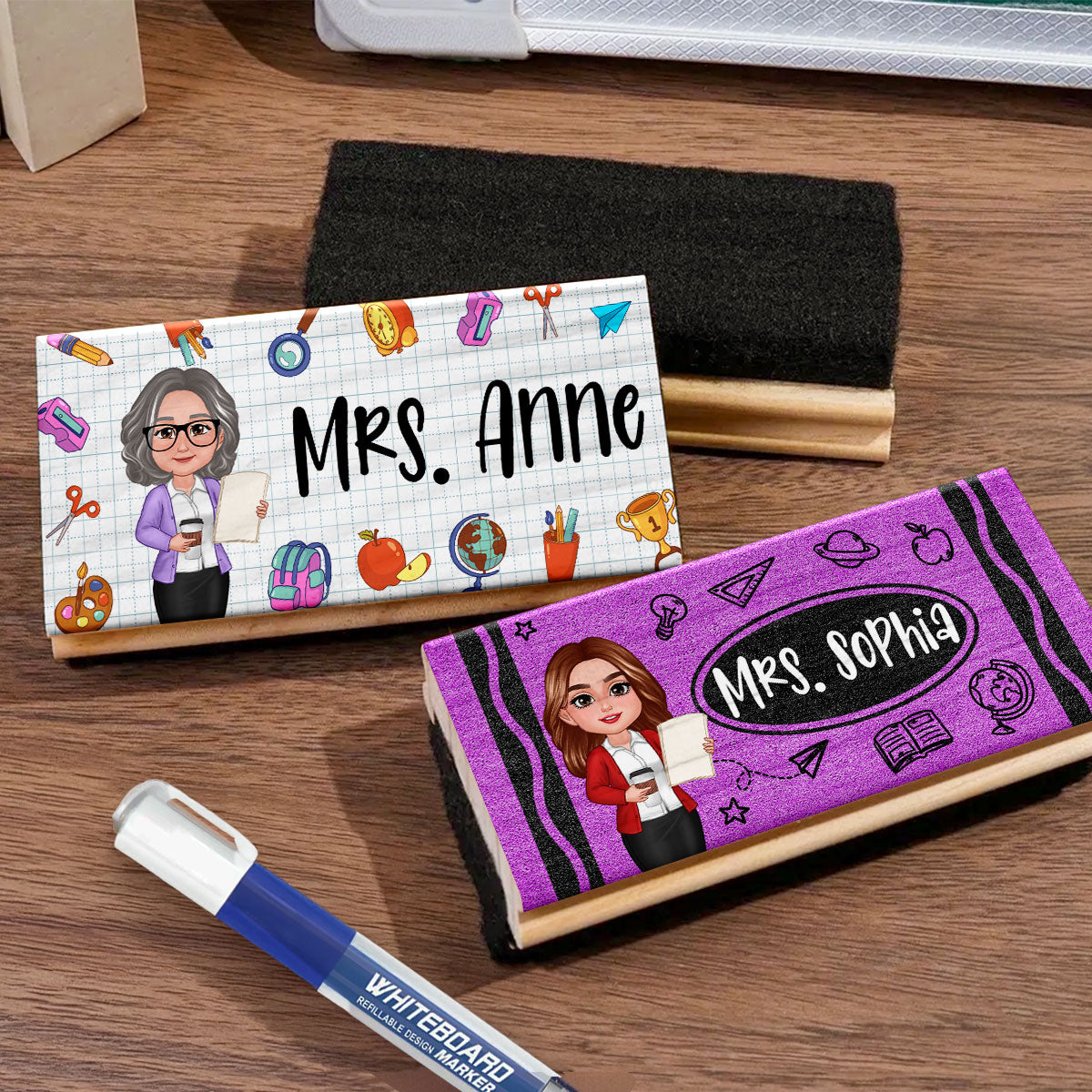 Doll Teacher Personalized Chalkboard Whiteboard Eraser with Marker, Teacher Appreciation Gift, Back To School Gift