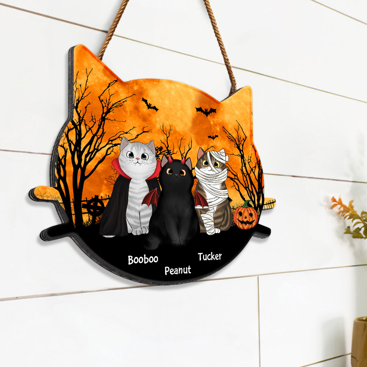 Halloween Cat Face Shaped Personalized Wooden Door Sign, Halloween Decor For Cat Moms