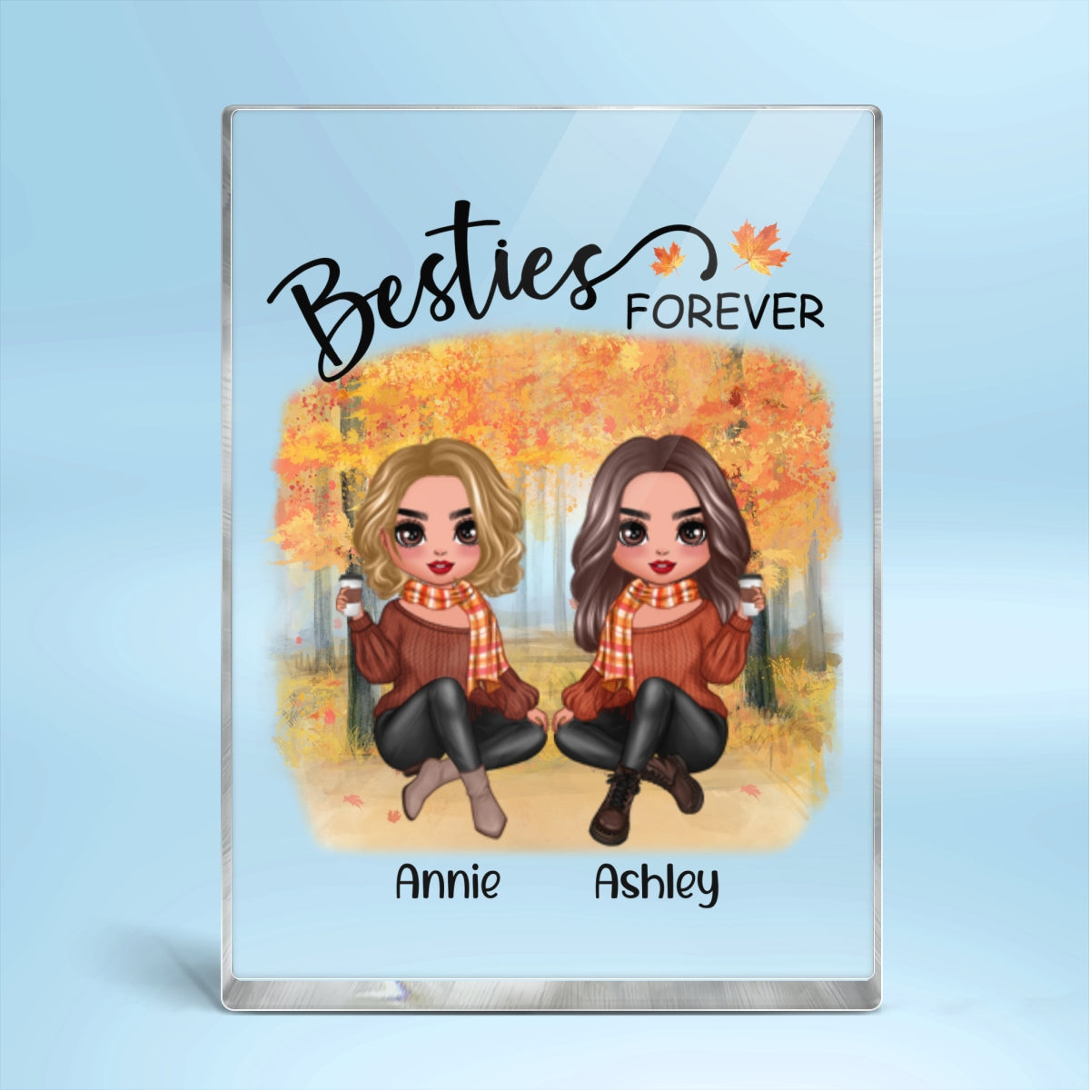 Doll Best Friends Besties Sitting Fall Season Personalized Rectangle Acrylic Block Plaque