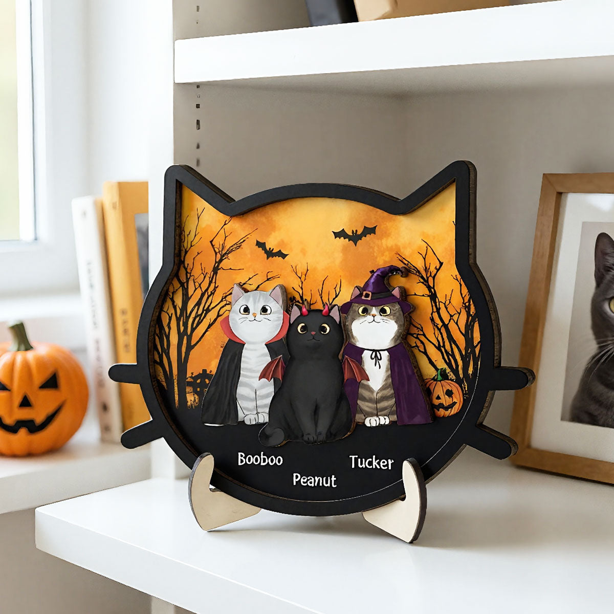 Spooky Halloween Theme Cat Face Personalized 2-Layer Wooden Plaque