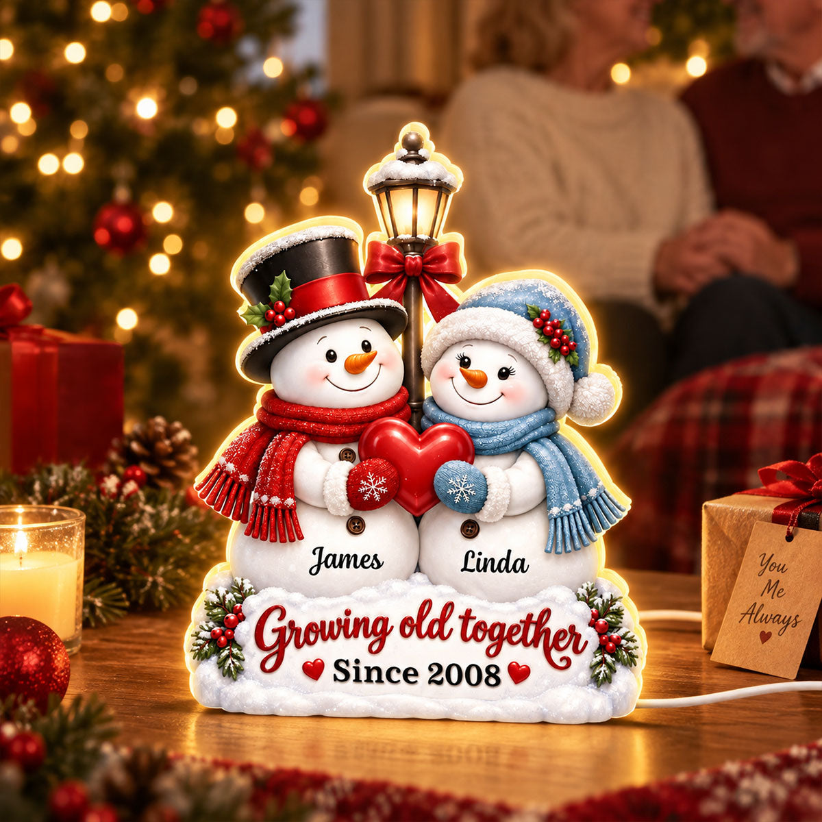 Snowman Couple Growing Old Together - Personalized Light Box - Heartfelt Christmas Gift for Her, for Him