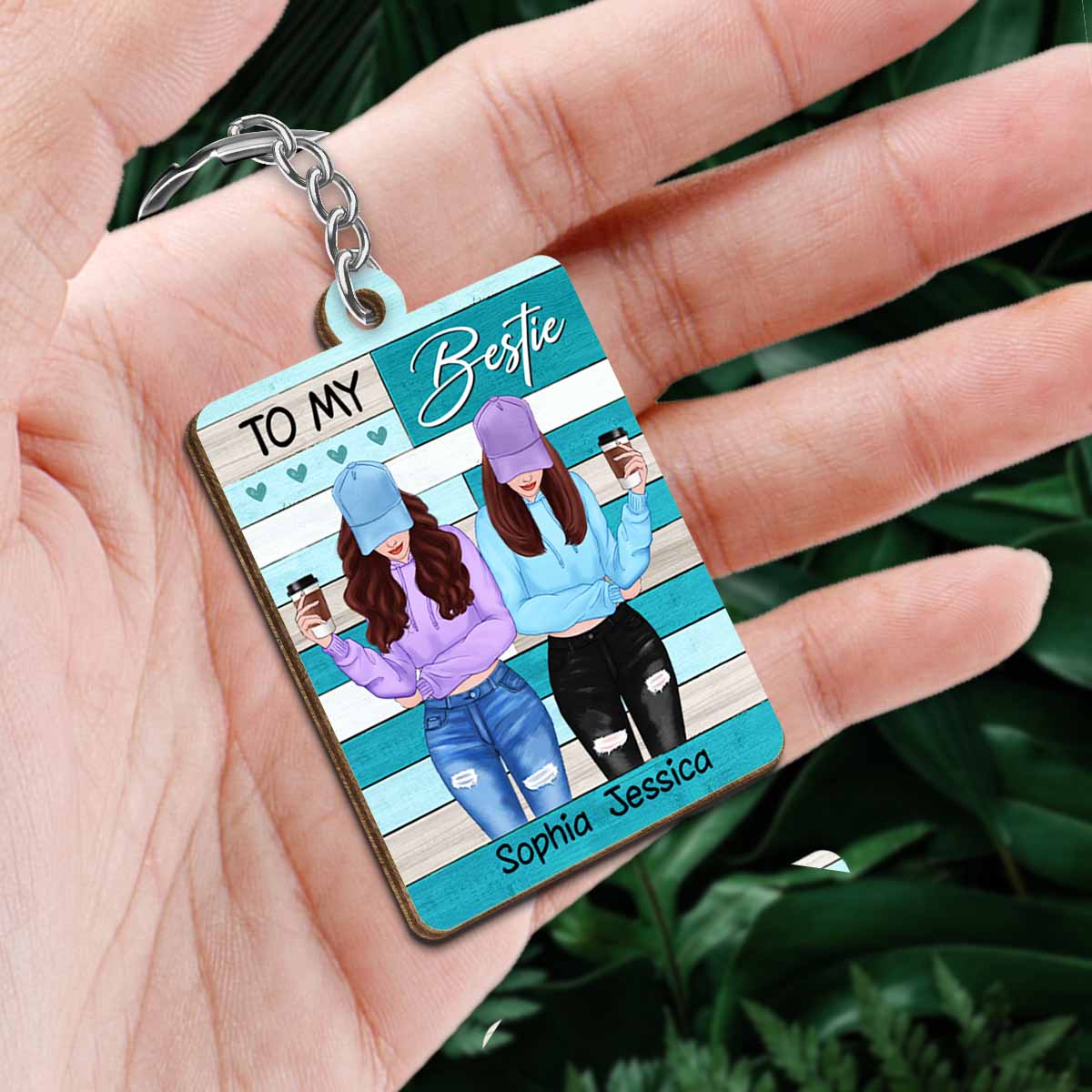 Front View Besties To My Bestie Green Personalized Wooden Keychain