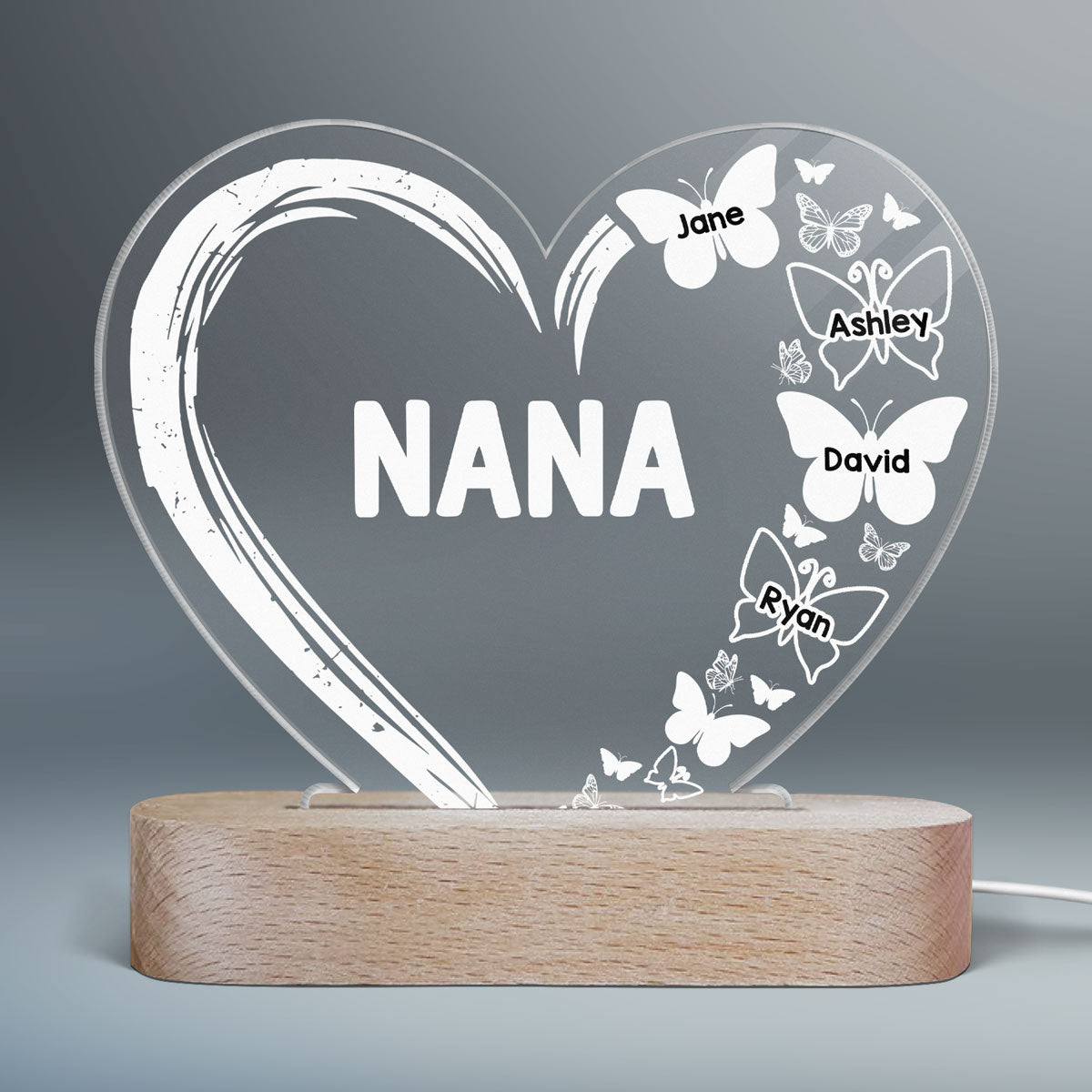 Mom Grandma Heart Butterflies Personalized Heart Acrylic Plaque LED Lamp Night Light