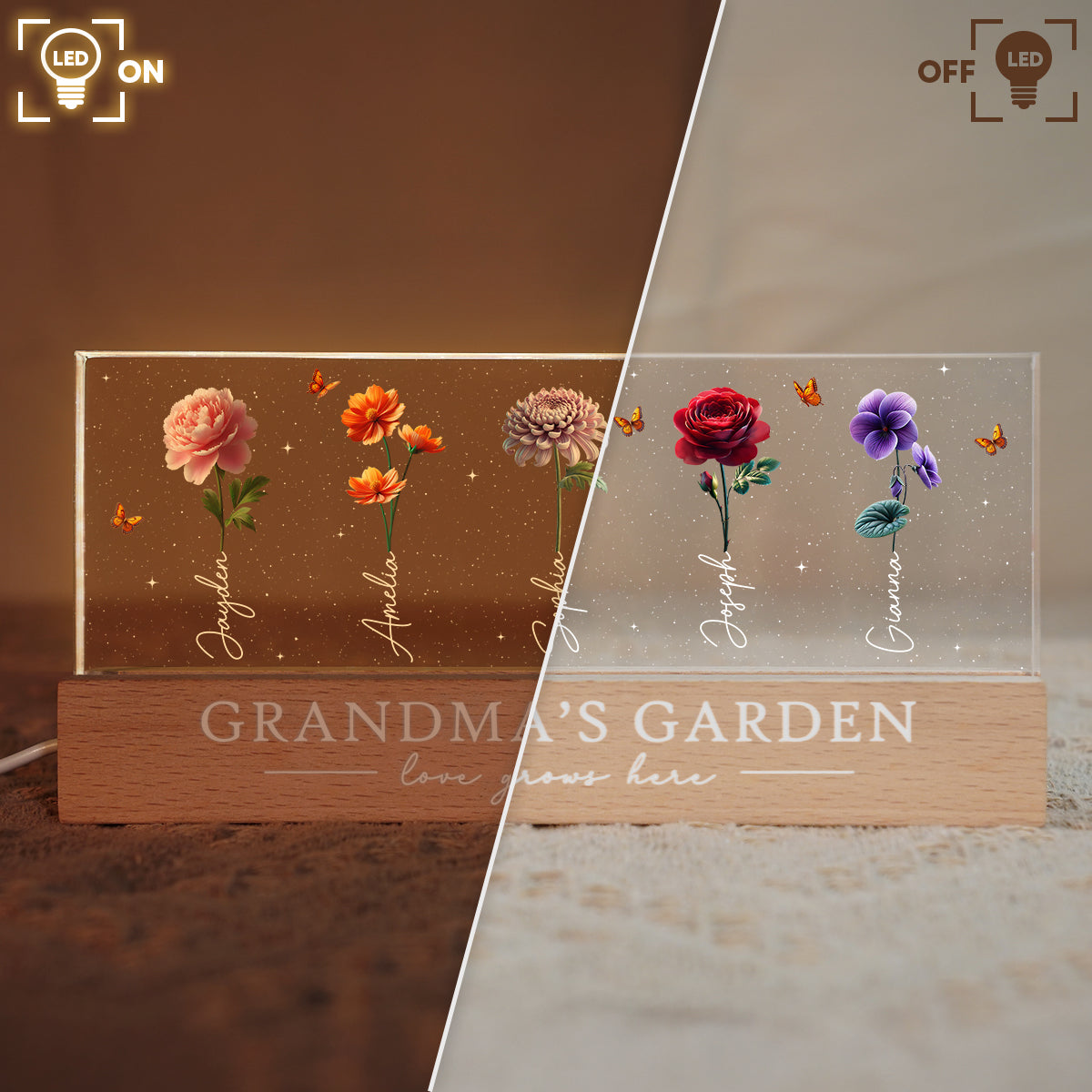 Grandma's Garden 3D Effect Birth Month Flowers Glowing Personalized Acrylic Block LED Night Light