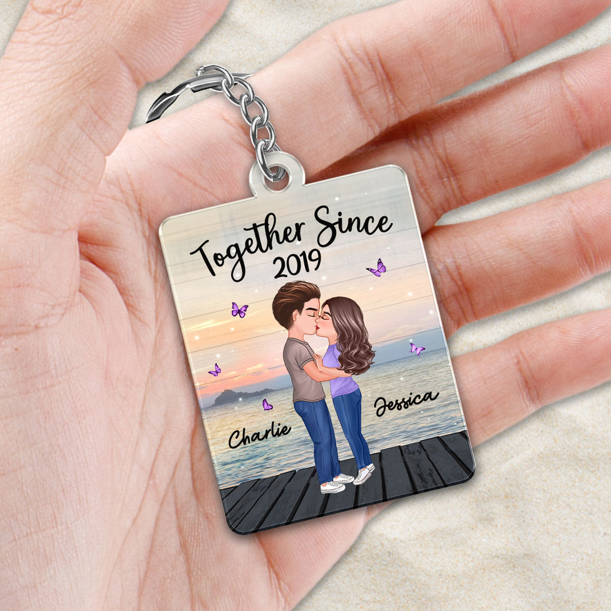 Sunset Lake View Doll Couple Kissing Favorite Song Scannable QR Code Personalized Acrylic Keychain