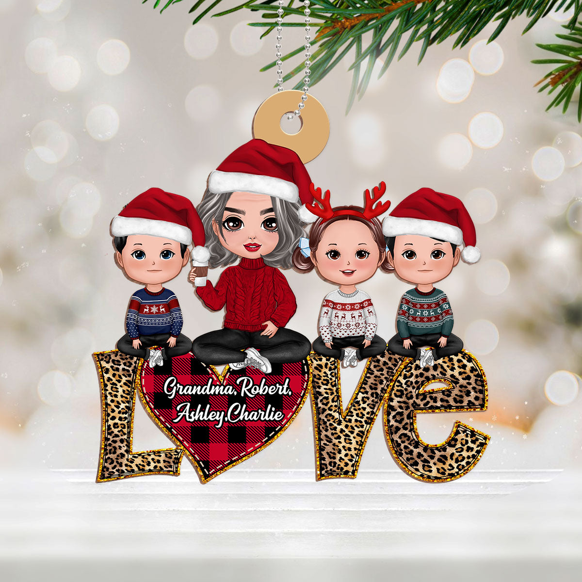 Grandma Grandkids Sitting On Text Love Leopard Personalized Wooden Ornament