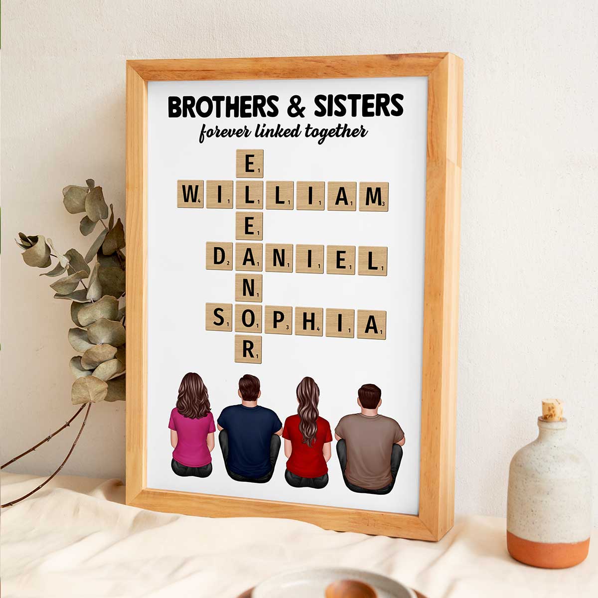 Crossword Art Brothers & Sisters Forever Linked Together Back View Sitting Personalized Poster