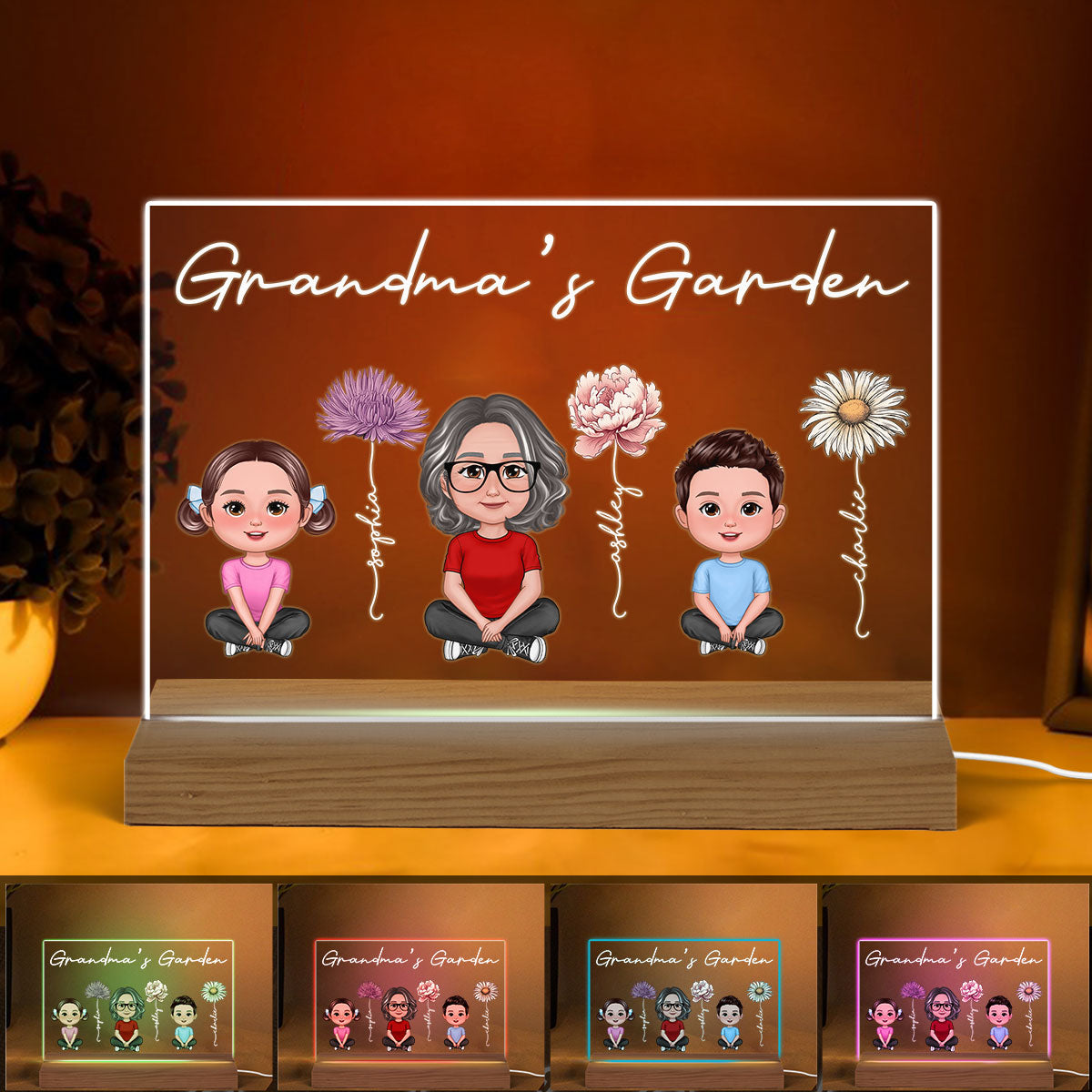 Grandma Grandkids Sitting Crossed Legs Birth Month Flowers Mother‘s Day Gift Personalized Warm Acrylic Plaque LED Night Light