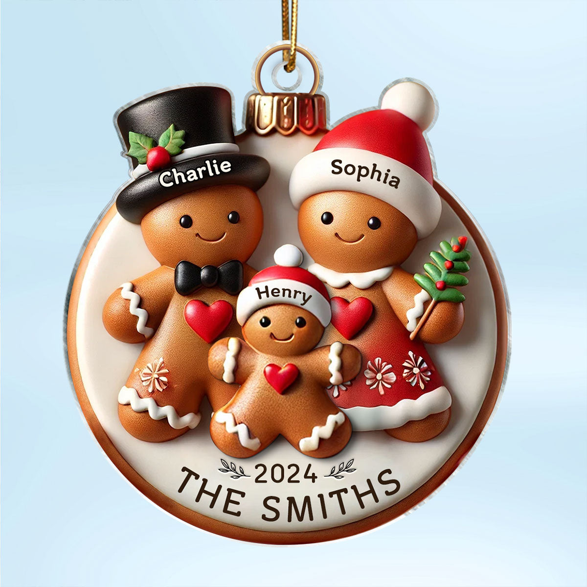 Gingerbread Family On Bread 3D Effect Merry Christmas Personalized Acrylic Ornament