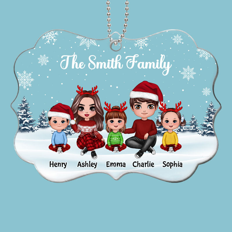 Doll Family Sitting In Snow Personalized Acrylic Ornament