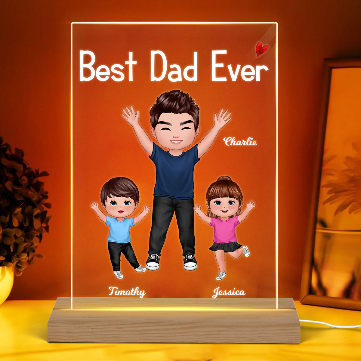 Best Dad Ever Happy Doll Dad Kids Dogs Cats Father‘s Day Gift Personalized Rectangle Acrylic Plaque LED Night Light