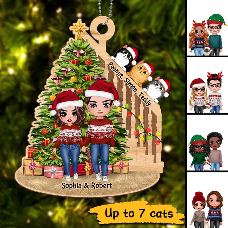 Couple And Cats Christmas Tree And Stair Personalized Wooden Ornament