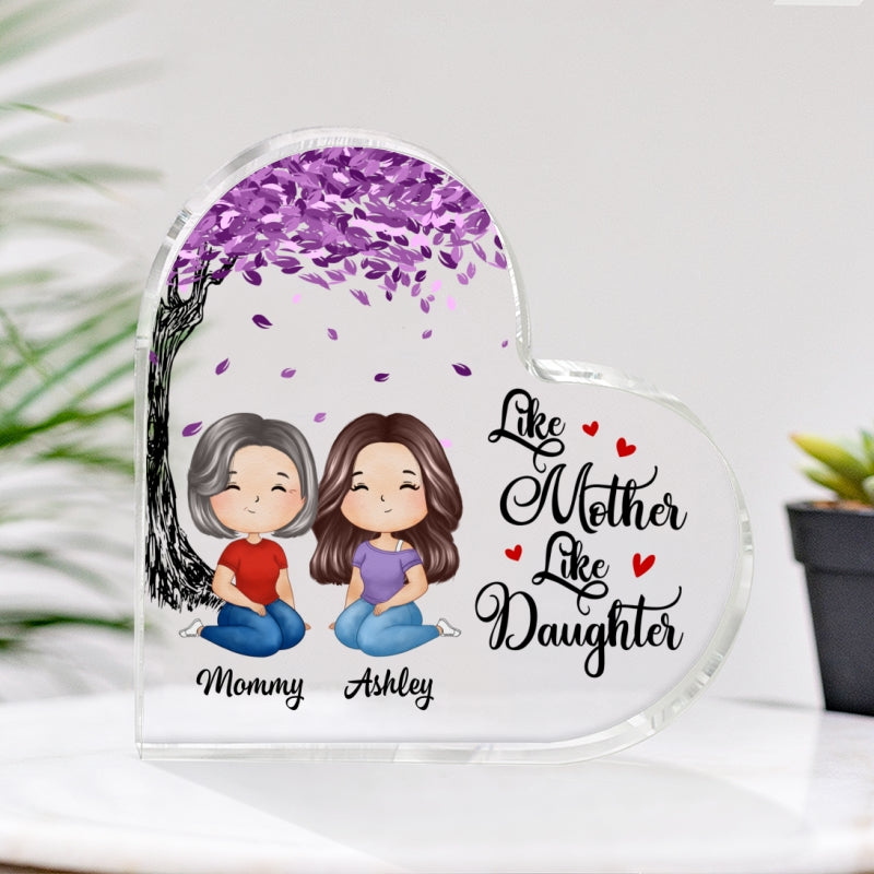 Watercolor Style Mom And Daughters Sitting Under Purple Tree Personalized Heart Acrylic Plaque