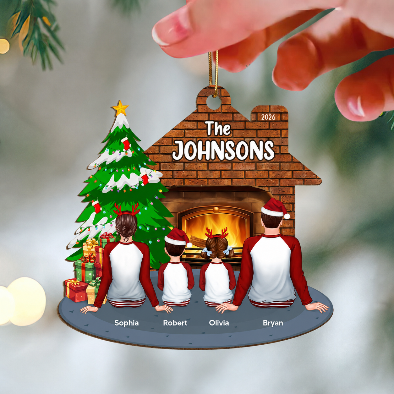 Pajamas Whole Family Sitting At Fireplace Personalized Wooden Ornament