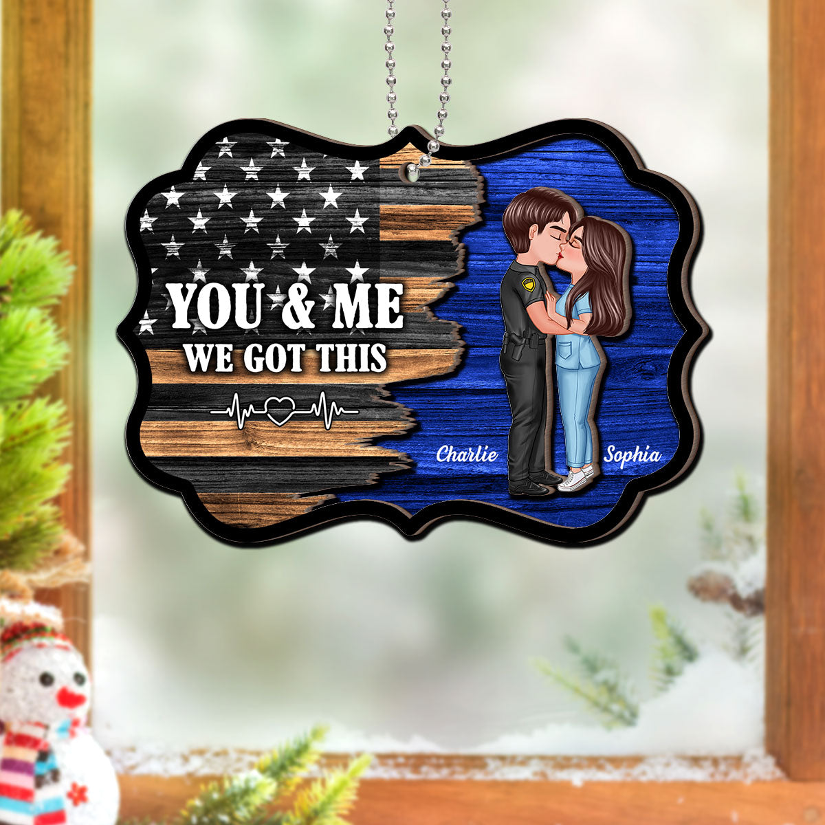 Hero Couple Kissing Half Flag Christmas Decor Gift Personalized 2-Layer Wooden Ornament