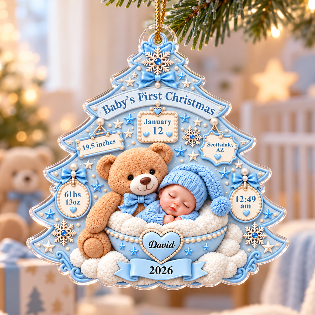 Baby's First Christmas Teddy Bear Tree - Personalized Acrylic Ornament – Custom Newborn Birth Stats Keepsake, First Christmas Gift for Baby Boy & Girl