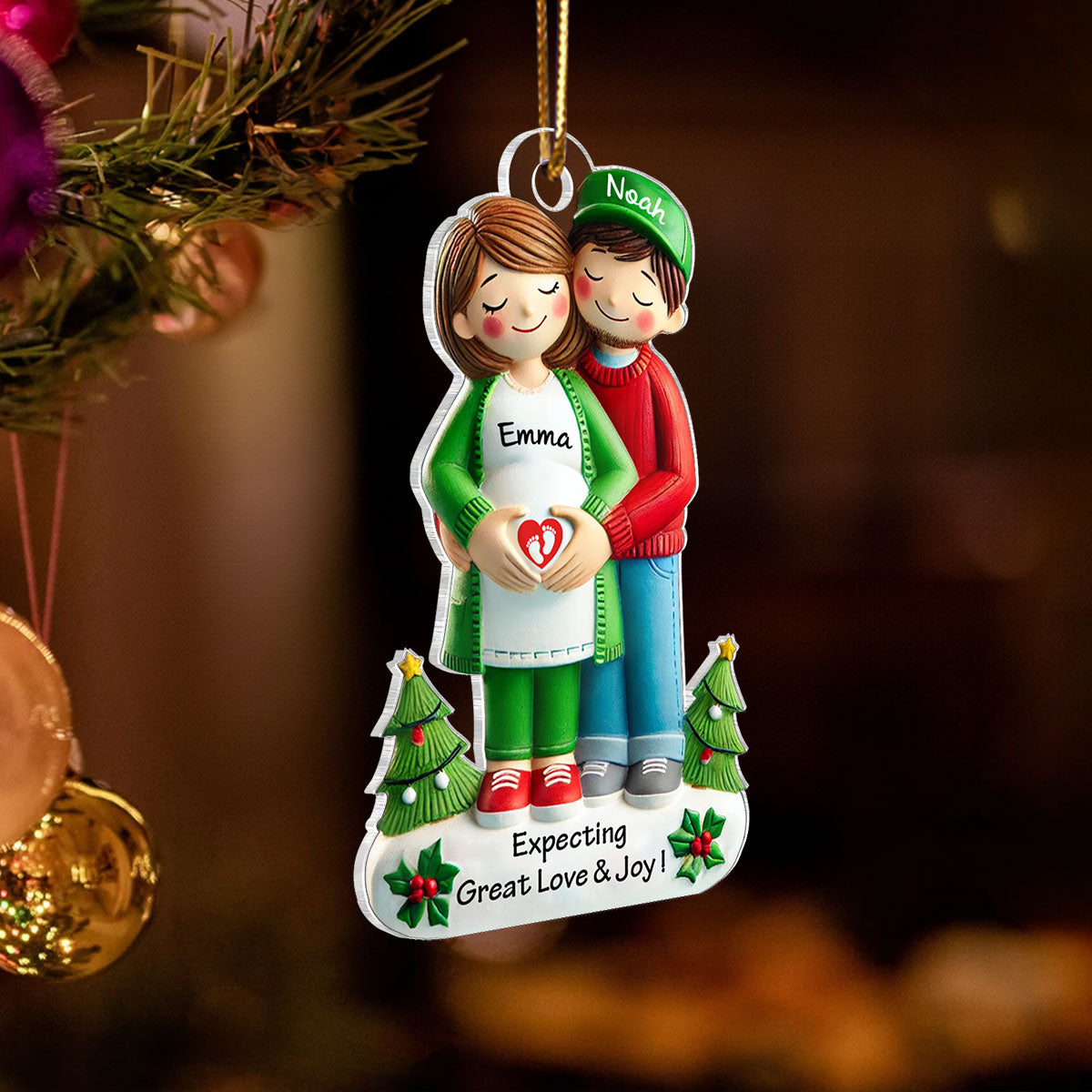 Expecting Great Love And Joy Personalized Baby on the Way Couple Christmas Ornament, 3D Effect Christmas Ornament