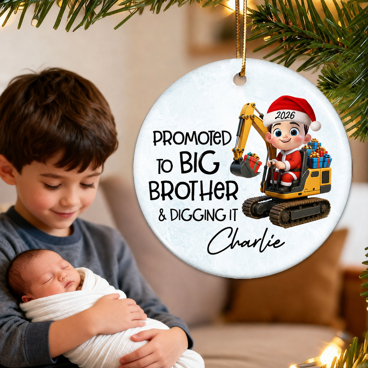 Promoted To Big Brother & Digging It Kid Driving Excavator - Personalized Ceramic Ornament - Proud New Big Brother Gift
