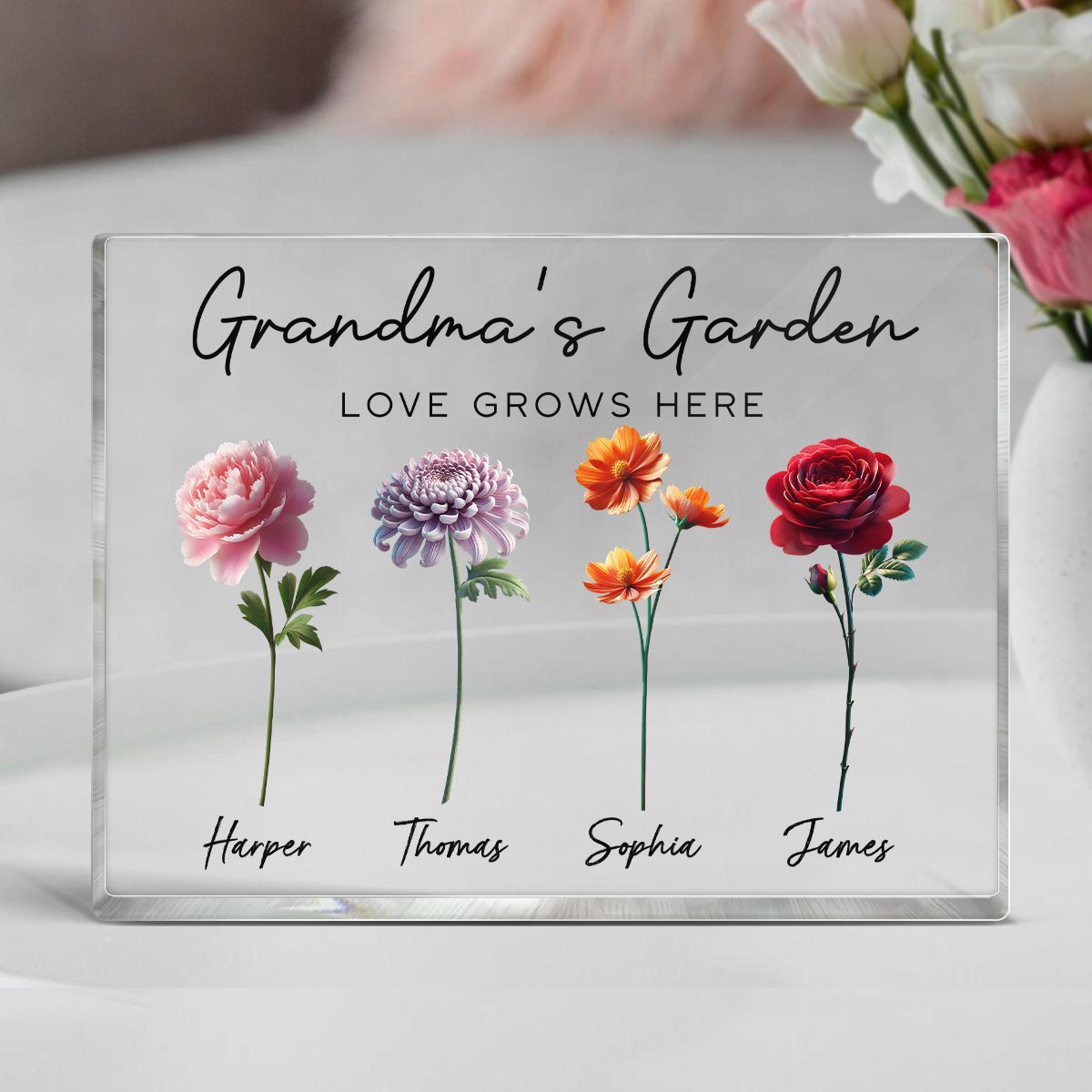 Grandma's Garden 3D Effect Birth Month Flower Personalized Acrylic Block Plaque, Gift For Grandma