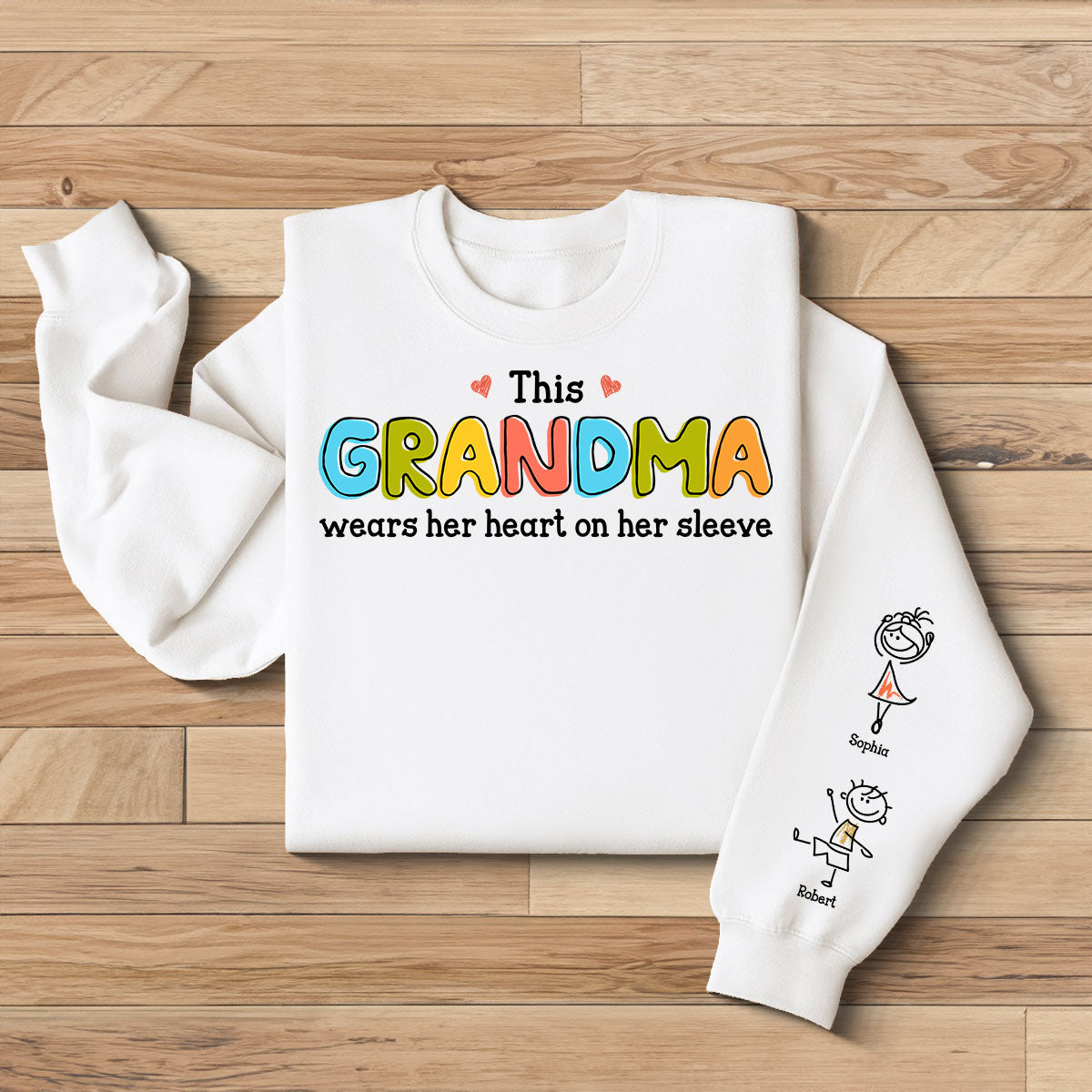 This Grandma Wears Her Heart On Her Sleeve Personalized Sleeve Printed Sweatshirt, Gift For Grandma