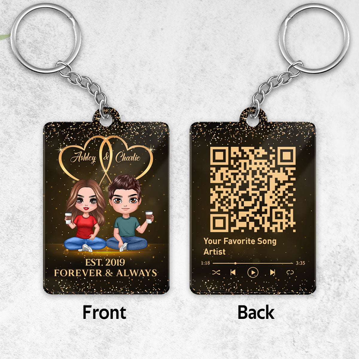 Galaxy Doll Couple Sitting Favorite Song Scannable QR Code Personalized Acrylic Keychain