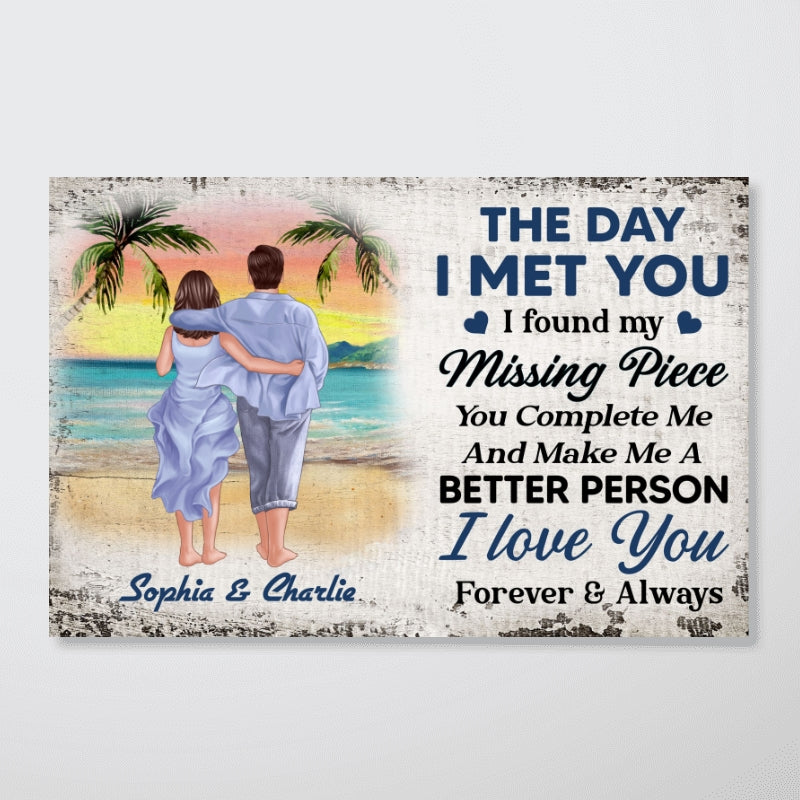The Day I Met You Back View Couple Walking On The Beach Personalized Horizontal Poster