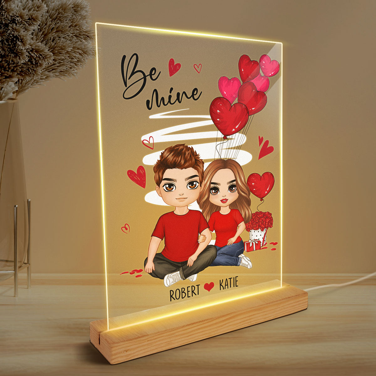 Be Mine Embracing Doll Couple Personalized Plaque Led Nigh Light - Gift For Him Gift For Her