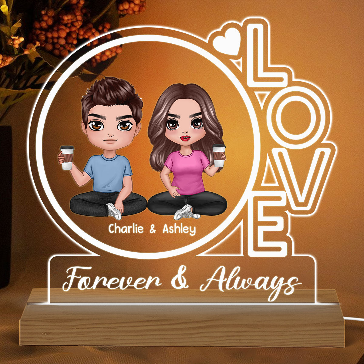 LOVE Doll Couple Sitting Personalized Custom Shaped Acrylic Plaque With Warm LED Night Light