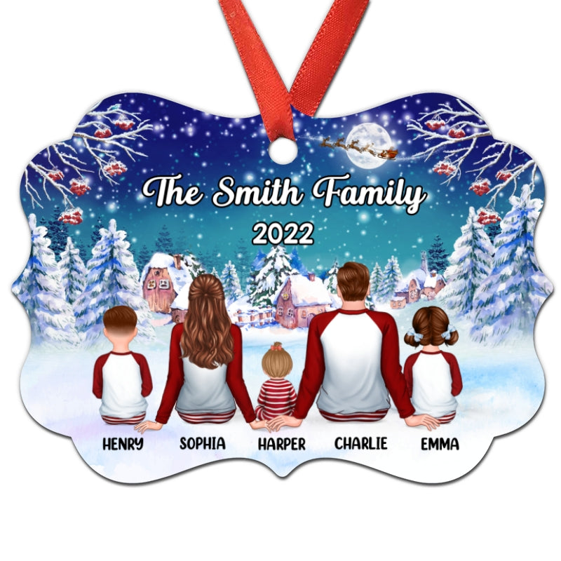 Pajamas Family Sitting In Christmas Night Personalized Christmas Ornament