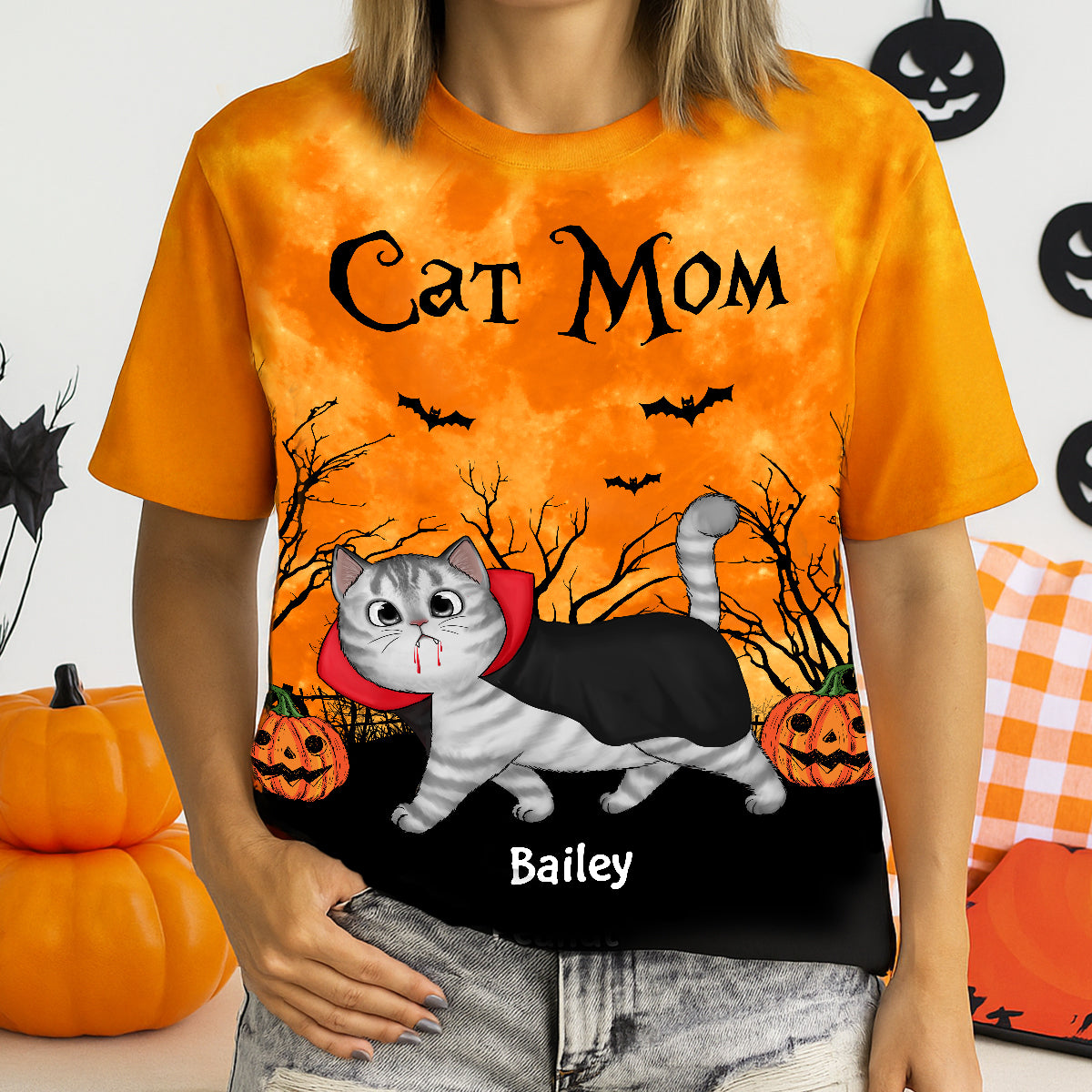 Cat Mom Halloween Moon Light Bat Tree Walking Cat Personalized Shirt, Purrfect Costume for Cat Lover