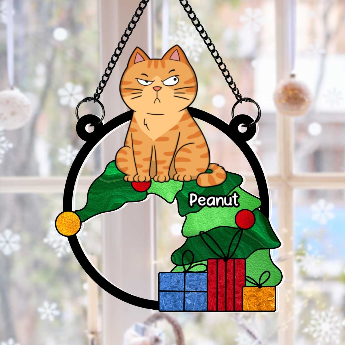 Funny Naughty Cat On Falling Christmas Tree Personalized Suncatcher, Christmas Decoration