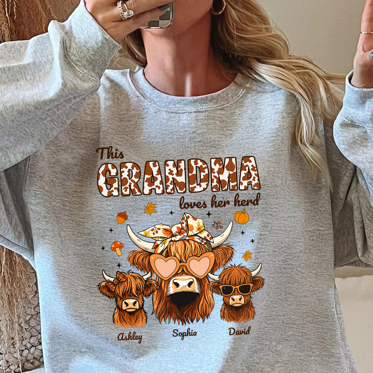 Fall Highland Cow Mom Grandma Personalized Sweatshirt, Cozy Fall Vibe Sweatshirt