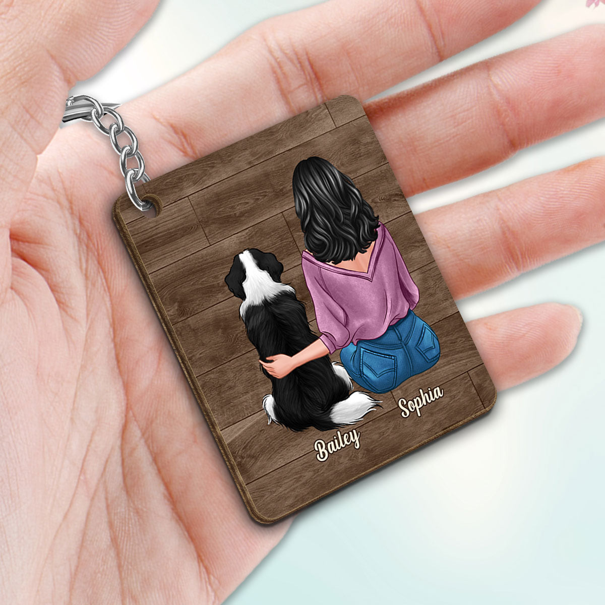 Back View Woman Sitting With Dogs You Are My Sanity Personalized Wooden Keychain