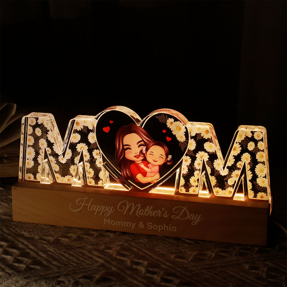 MOM Flowers Mom Hugging Kid Personalized LED Night Light, Gift For Mom