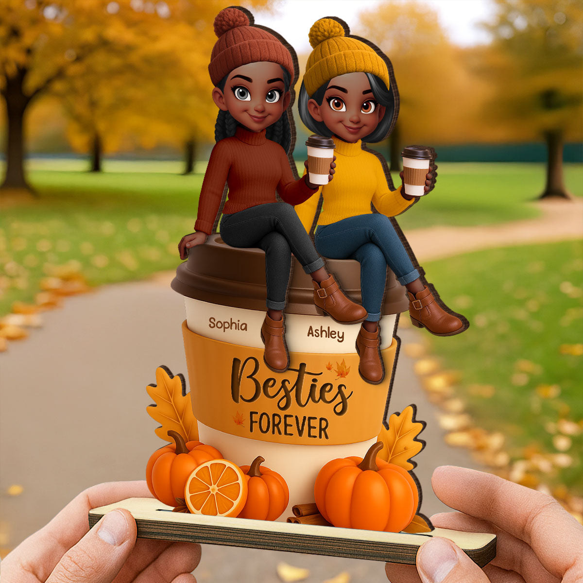 Fall Season Besties Sitting On Pumpkin Spice Latte Personalized Standing Wooden Plaque