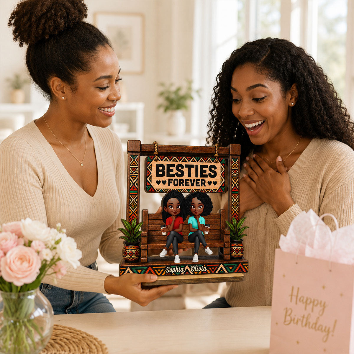 Tribal Patterns Besties Forever - Personalized 2-Layered Wooden Plaque - Birthday Gift, Gift For Best Friends