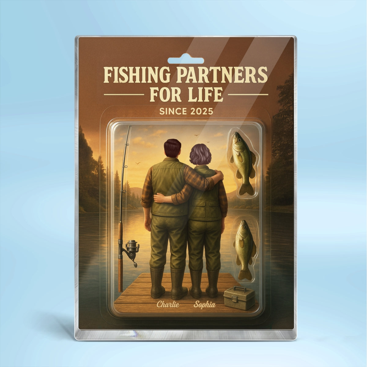 3D Effect Custom Figure Couple Together Fishing Partners For Life Personalized Rectangle Acrylic Block Plaque