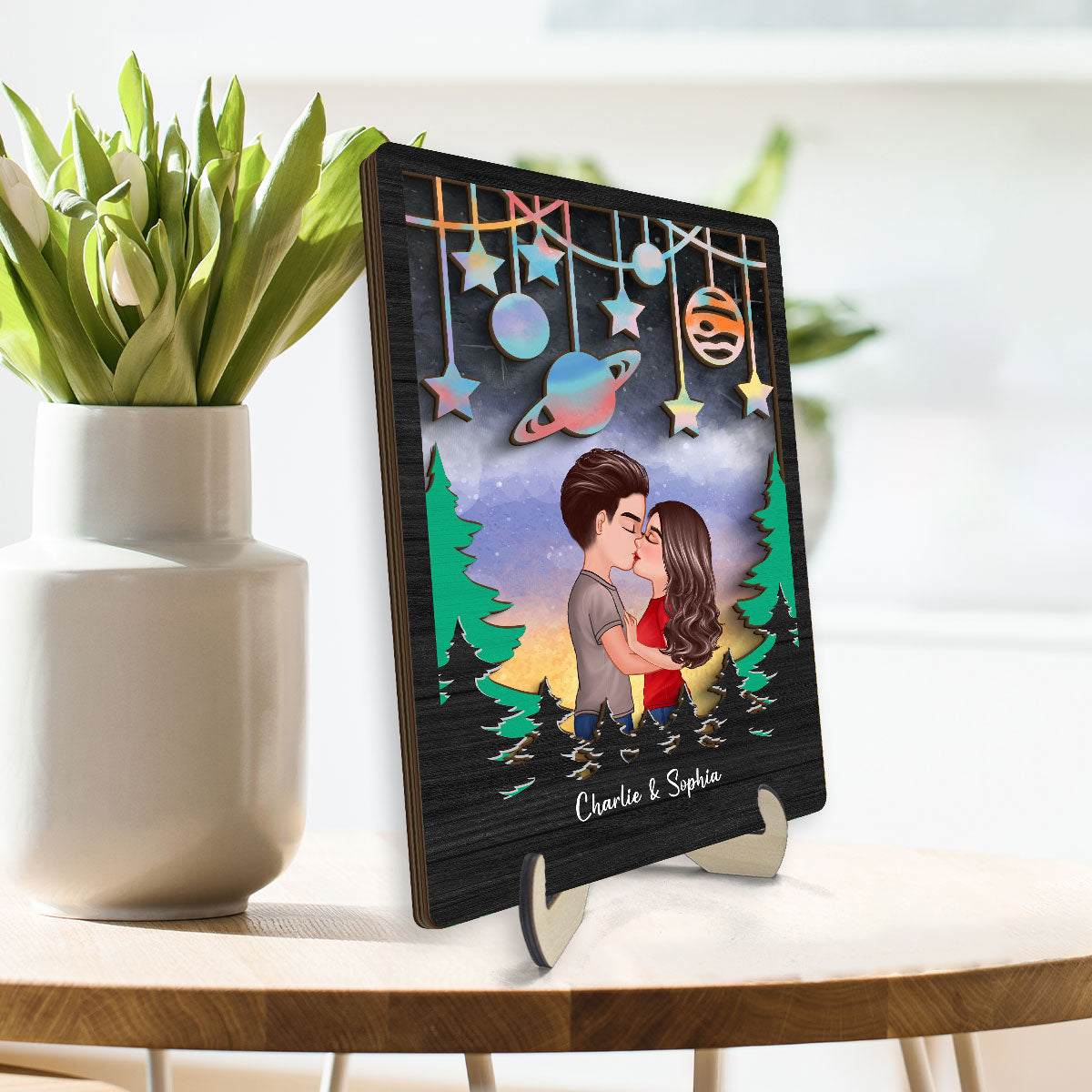 Couple Kissing Galaxy Theme  Gift For Him Gift For Her Personalized 2-layer Wooden Plaque