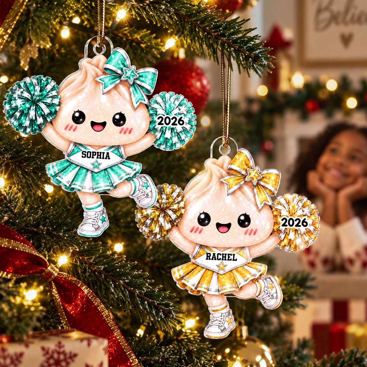 Cute Funny Cheerleader Dumpling Dim Sum Custom Name - Personalized Acrylic Ornament - Christmas Gift, Keepsake For Cheerleaders, Daughters, Granddaughters