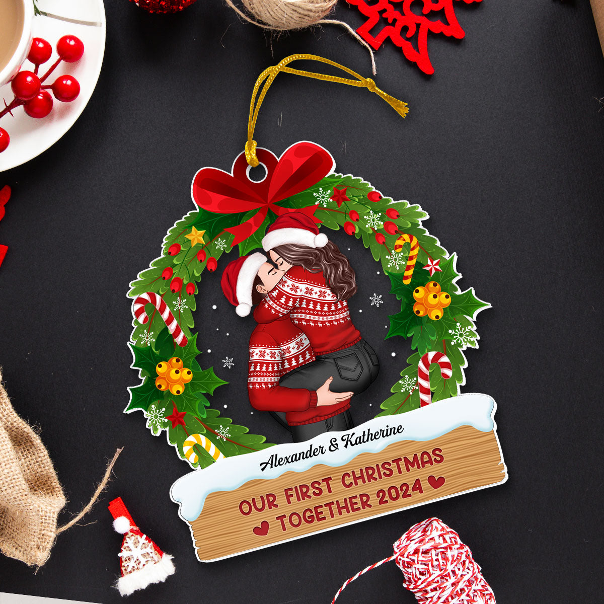 Hugging Kissing Couple Christmas Wreath Personalized Acrylic Ornament, Christmas Gift For Him For Her